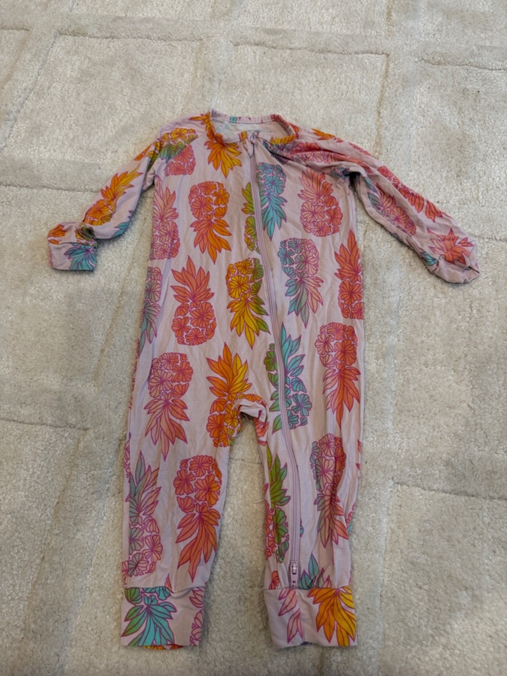 Long-Sleeve Pink Pineapple-Print Footie One-Piece for Kids